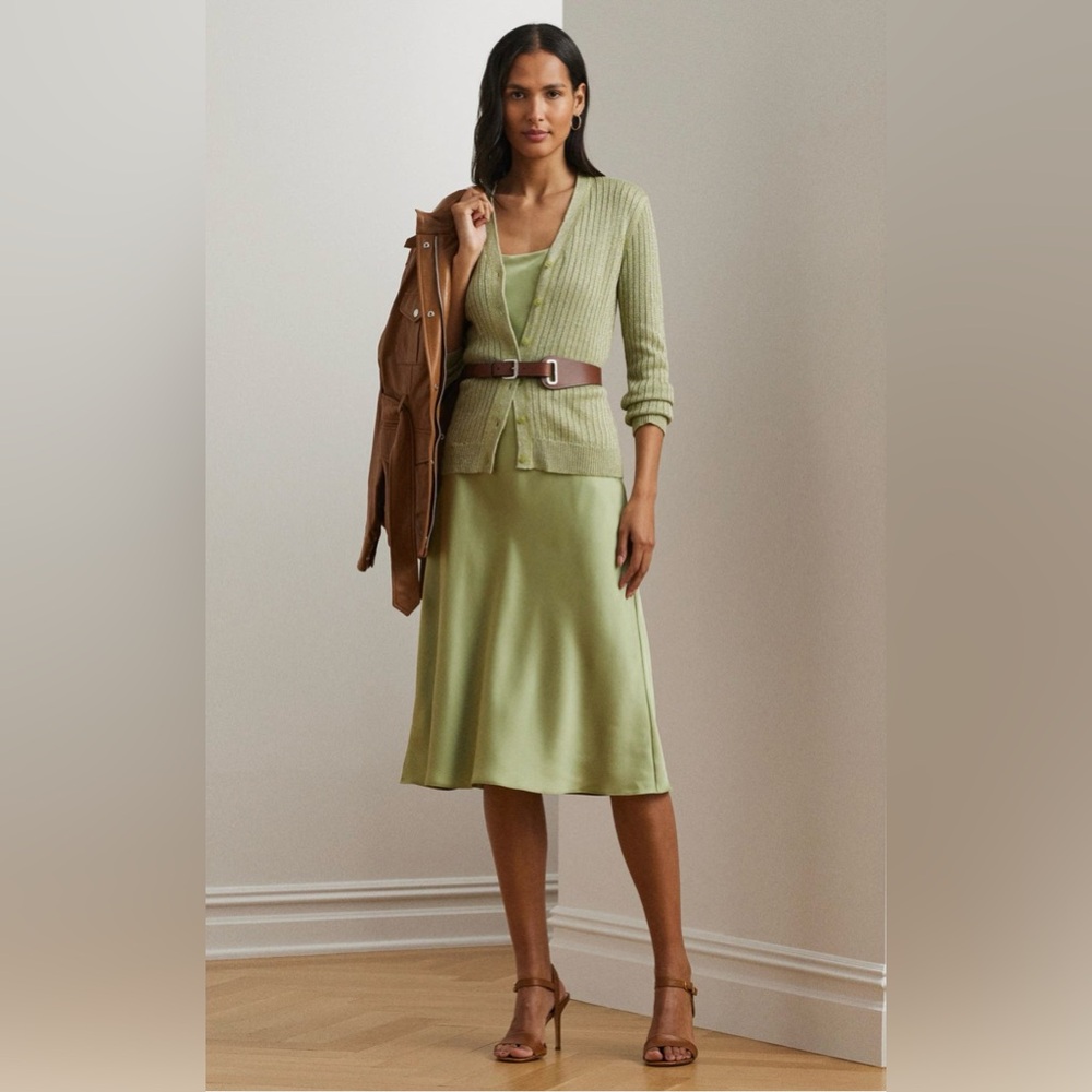 Lauren Ralph Lauren Metallic Linen-Blend Rib-Knit Cardigan Light Olive Size S